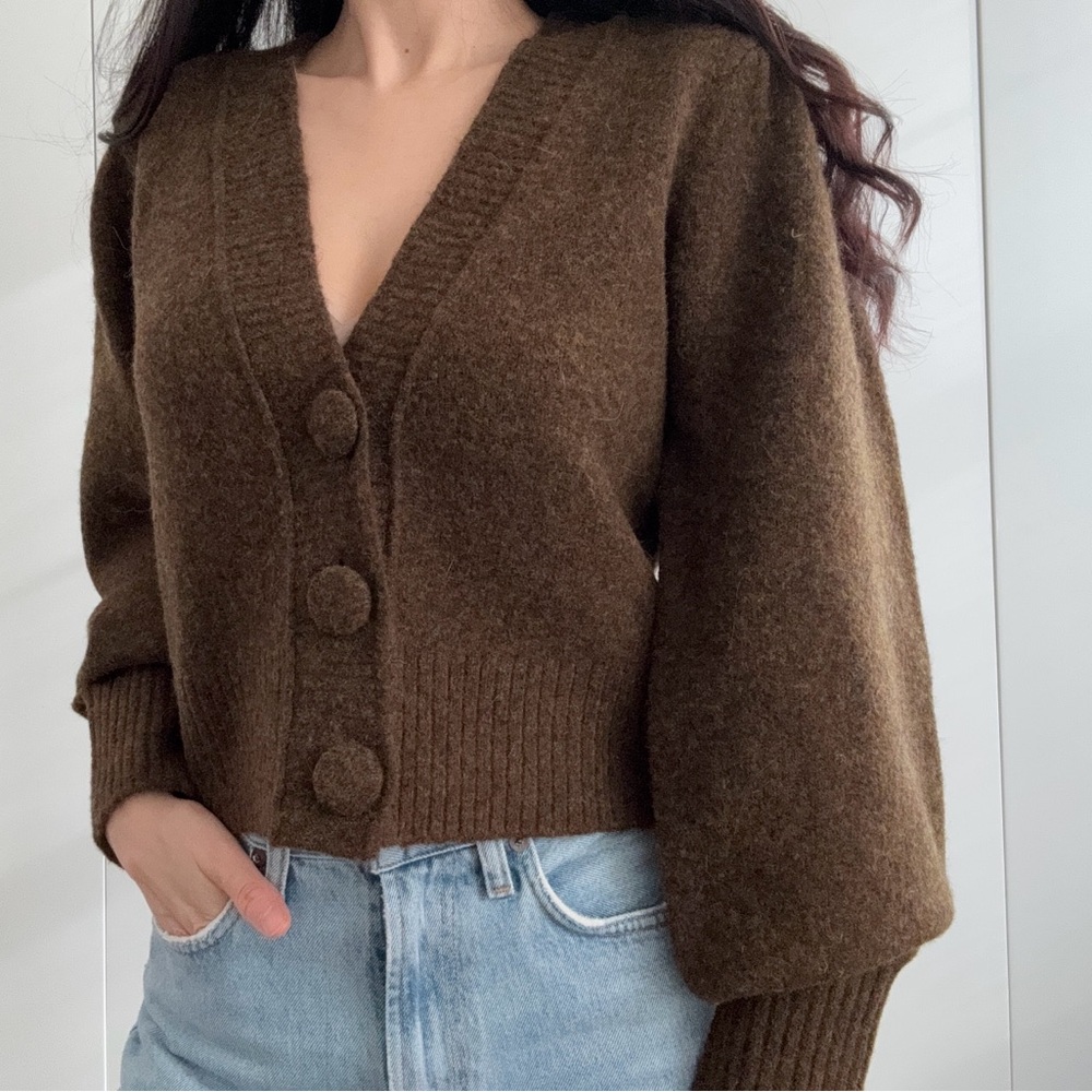 H&M Brown knitted cardigan with puffy sleeves XS